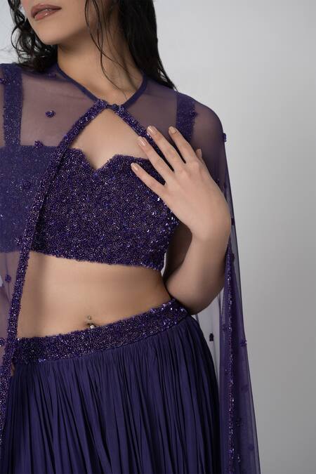 Buy_Label Shristi Chetani_Purple Crepe Embroidery Split V-neck Nav Cape And Flared Pant Set_Online_at_Aza_Fashions