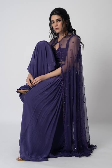Shop_Label Shristi Chetani_Purple Crepe Embroidery Split V-neck Nav Cape And Flared Pant Set_Online_at_Aza_Fashions