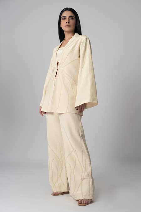 LABEL SHRISTI CHETANI Off White Crepe Hand Embroidered Abstract Linear Vyom Jacket And Pant Set 