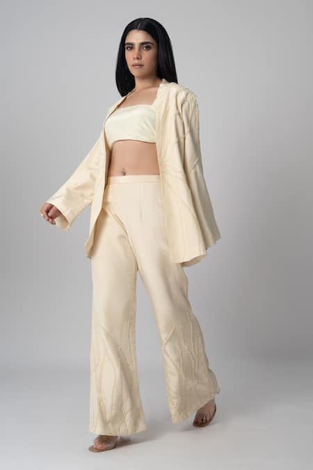 Label Shristi Chetani Off White Crepe Embroidery Square , Open Abstract Linear Hand Pant Set Online at Aza Fashions Label Shristi Chetani_Off White Crepe Embroidery Square , Open Abstract Linear Hand Pant Set_Online_at_Aza_Fashions