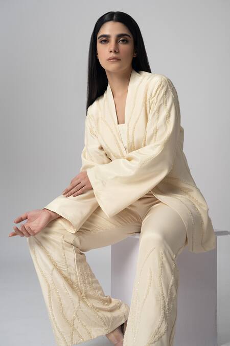 Shop Label Shristi Chetani Off White Crepe Embroidery Square , Open Abstract Linear Hand Pant Set Online at Aza Fashions Shop_Label Shristi Chetani_Off White Crepe Embroidery Square , Open Abstract Linear Hand Pant Set_Online_at_Aza_Fashions