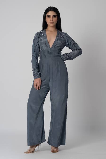 Label Shristi Chetani_Grey Crepe Embroidery Plunge Neck Ray Hand Jumpsuit _Online_at_Aza_Fashions