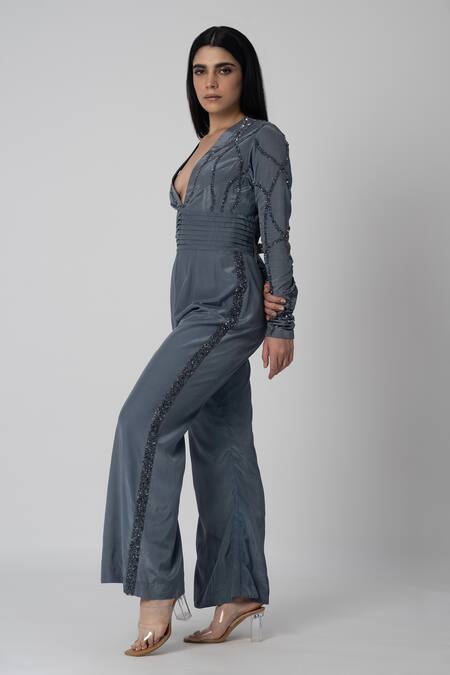 Buy_Label Shristi Chetani_Grey Crepe Embroidery Plunge Neck Ray Hand Jumpsuit _Online_at_Aza_Fashions