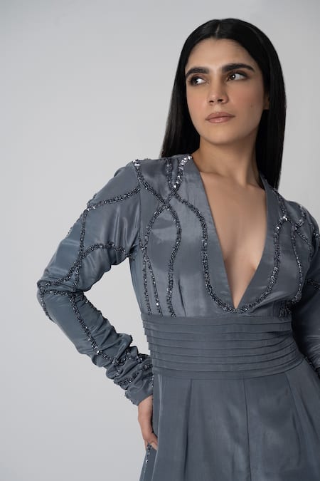 Shop_Label Shristi Chetani_Grey Crepe Embroidery Plunge Neck Ray Hand Jumpsuit _Online_at_Aza_Fashions