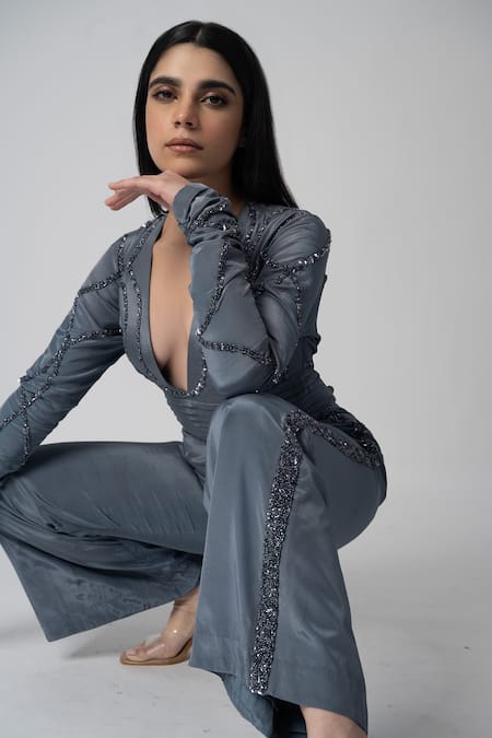 Label Shristi Chetani_Grey Crepe Embroidery Plunge Neck Ray Hand Jumpsuit _at_Aza_Fashions
