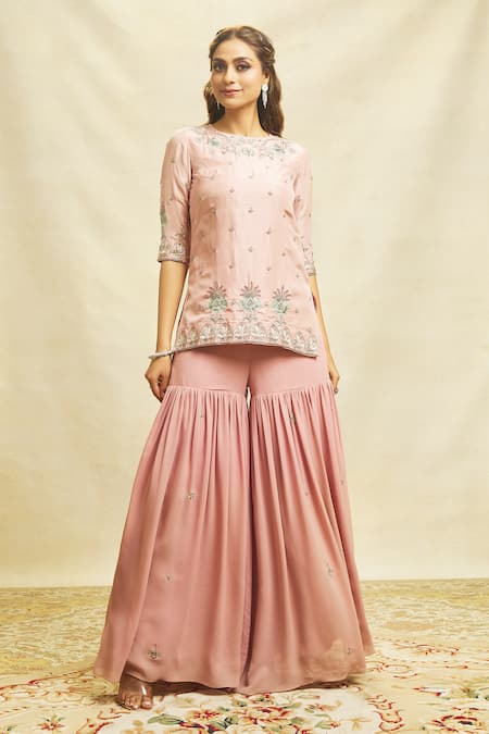 Aariyana Couture Pink Silk, Georgette, Maheshwari Embroidery Round Zardozi Kurta Sharara Set Online at Aza Fashions Aariyana Couture_Pink Silk, Georgette, Maheshwari Embroidery Round Zardozi Kurta Sharara Set _Online_at_Aza_Fashions
