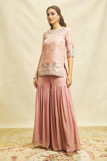 Buy Aariyana Couture Pink Silk, Georgette, Maheshwari Embroidery Round Zardozi Kurta Sharara Set Online at Aza Fashions Buy_Aariyana Couture_Pink Silk, Georgette, Maheshwari Embroidery Round Zardozi Kurta Sharara Set _Online_at_Aza_Fashions