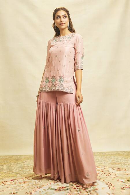 Shop Aariyana Couture Pink Silk, Georgette, Maheshwari Embroidery Round Zardozi Kurta Sharara Set Online at Aza Fashions Shop_Aariyana Couture_Pink Silk, Georgette, Maheshwari Embroidery Round Zardozi Kurta Sharara Set _Online_at_Aza_Fashions