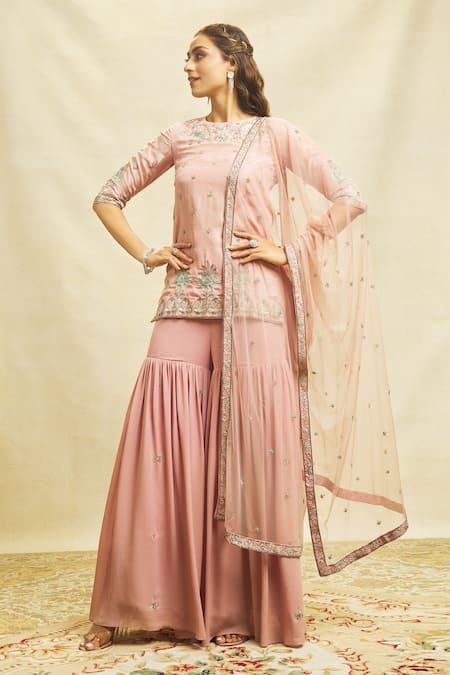 Aariyana Couture Pink Silk, Georgette, Maheshwari Embroidery Round Zardozi Kurta Sharara Set at Aza Fashions Aariyana Couture_Pink Silk, Georgette, Maheshwari Embroidery Round Zardozi Kurta Sharara Set _at_Aza_Fashions