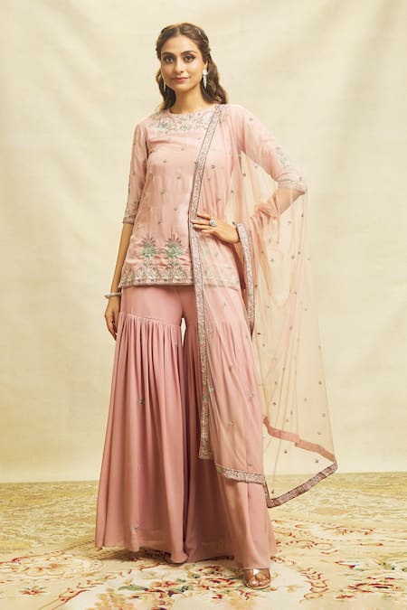 Buy Aariyana Couture Pink Silk, Georgette, Maheshwari Embroidery Round Zardozi Kurta Sharara Set Buy_Aariyana Couture_Pink Silk, Georgette, Maheshwari Embroidery Round Zardozi Kurta Sharara Set