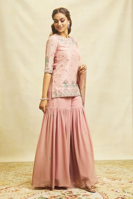 Shop Aariyana Couture Pink Silk, Georgette, Maheshwari Embroidery Round Zardozi Kurta Sharara Set Shop_Aariyana Couture_Pink Silk, Georgette, Maheshwari Embroidery Round Zardozi Kurta Sharara Set
