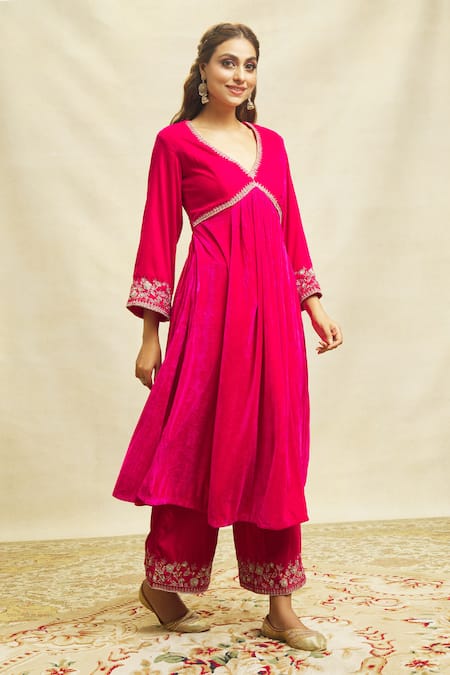 Buy Aariyana Couture Fuchsia Velvet, Organza Embroidery V-neck Anarkali Pant Set Online at Aza Fashions Buy_Aariyana Couture_Fuchsia Velvet, Organza Embroidery V-neck Anarkali Pant Set _Online_at_Aza_Fashions