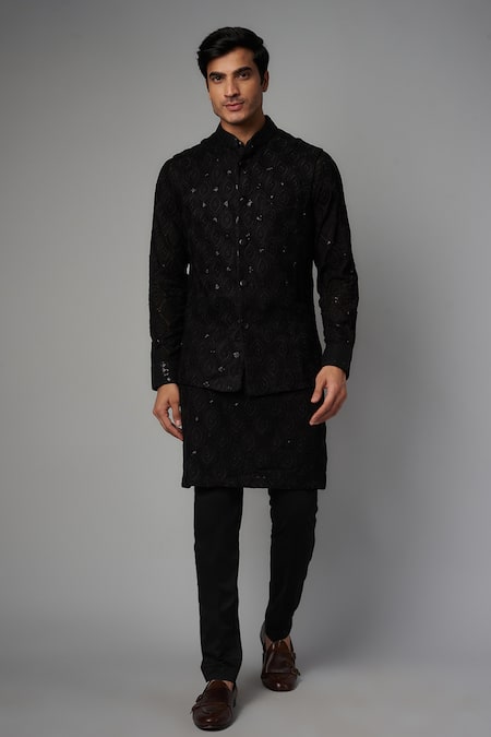 Rabani & Rakha Black Sequin Work Bundi Kurta Set 