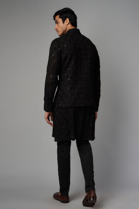 Rabani & Rakha Black Sequin Work Bundi Kurta Set 
