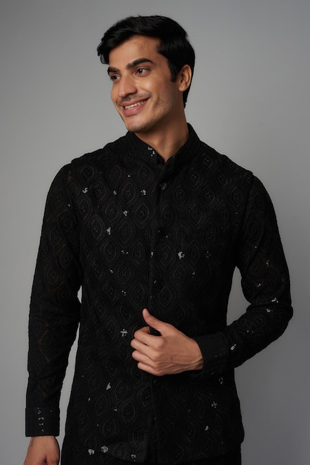 Rabani & Rakha_Black Georgette Sequins Work Bundi Kurta Set _Online_at_Aza_Fashions