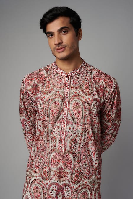 Rabani & Rakha Ivory Georgette, Cotton Embroidery Resham Work Kurta Pant Set Online at Aza Fashions Rabani & Rakha_Ivory Georgette, Cotton Embroidery Resham Work Kurta Pant Set _Online_at_Aza_Fashions