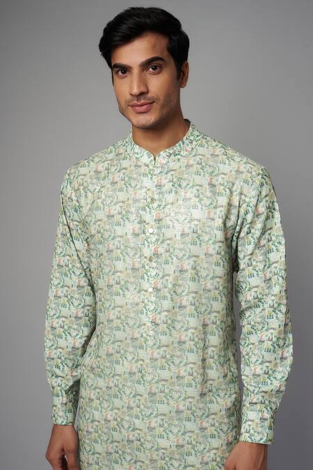 Rabani & Rakha_Ivory Crepe, Linen Sequins Embroidered Kurta And Pant Set _Online_at_Aza_Fashions