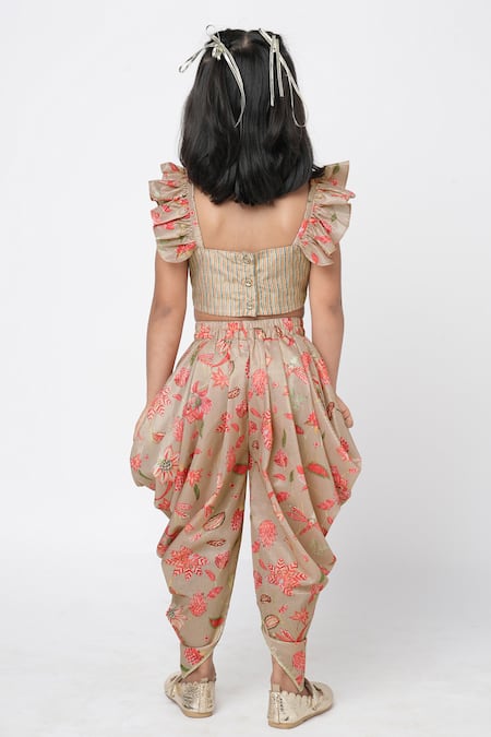 Shop Lil Drama Beige Polyester Floral Print Crop Top And Dhoti Pant Set at Aza Fashions Shop_Lil Drama_Beige Polyester Floral Print Crop Top And Dhoti Pant Set _at_Aza_Fashions