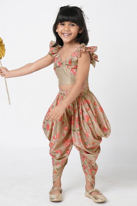Lil Drama Beige Polyester Floral Print Crop Top And Dhoti Pant Set Online at Aza Fashions Lil Drama_Beige Polyester Floral Print Crop Top And Dhoti Pant Set _Online_at_Aza_Fashions