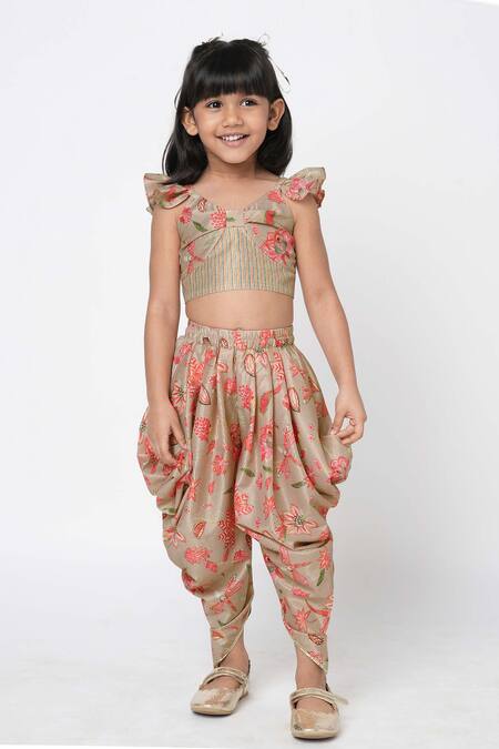 Buy Lil Drama Beige Polyester Floral Print Crop Top And Dhoti Pant Set Online at Aza Fashions Buy_Lil Drama_Beige Polyester Floral Print Crop Top And Dhoti Pant Set _Online_at_Aza_Fashions