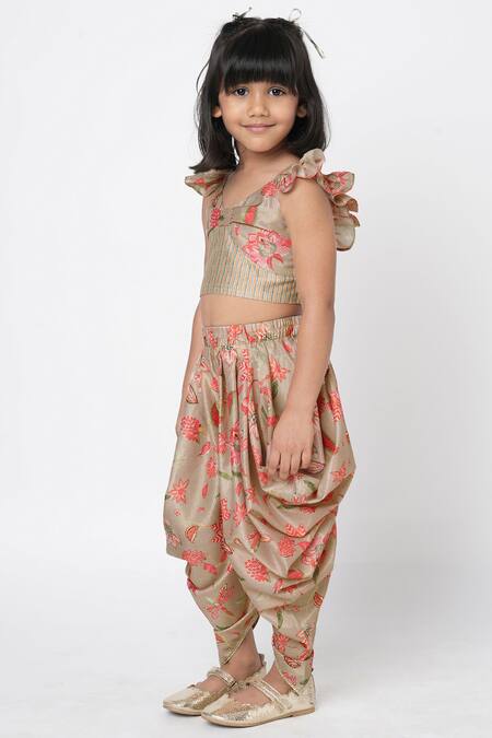 Lil Drama Beige Polyester Floral Print Crop Top And Dhoti Pant Set at Aza Fashions Lil Drama_Beige Polyester Floral Print Crop Top And Dhoti Pant Set _at_Aza_Fashions