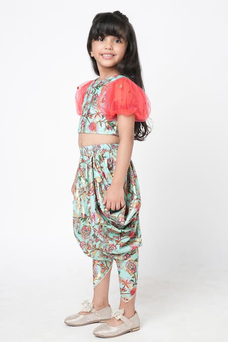 Lil Drama_Blue Polyester Embroidery Floral Digital Printed Crop Top And Dhoti Pant _Online_at_Aza_Fashions