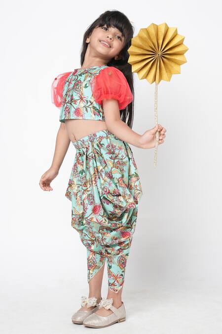 Lil Drama_Blue Polyester Embroidery Floral Digital Printed Crop Top And Dhoti Pant _at_Aza_Fashions