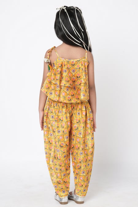 Shop_LIL DRAMA_Yellow Polyester Tassels Printed Crop Top And Dhoti Pant Set _at_Aza_Fashions