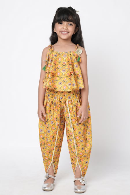 LIL DRAMA_Yellow Polyester Tassels Printed Crop Top And Dhoti Pant Set _Online_at_Aza_Fashions