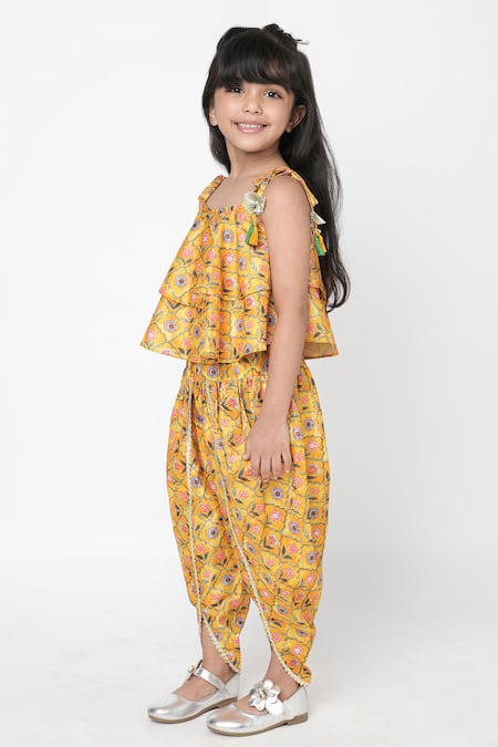 Buy_LIL DRAMA_Yellow Polyester Tassels Printed Crop Top And Dhoti Pant Set _Online_at_Aza_Fashions