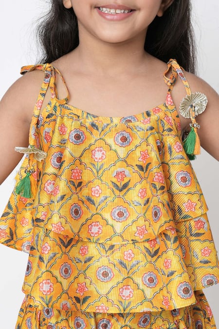 Shop_LIL DRAMA_Yellow Polyester Tassels Printed Crop Top And Dhoti Pant Set _Online_at_Aza_Fashions