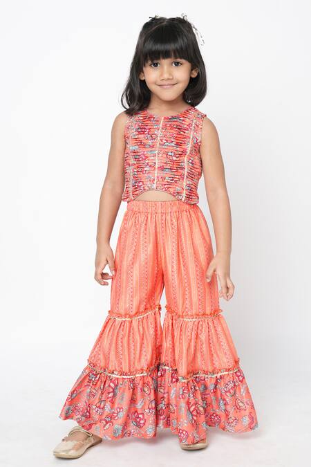 Lil Drama Orange Polyester Embroidery, Lace, Gota Floral Print Crop Top And Sharara Set Online at Aza Fashions Lil Drama_Orange Polyester Embroidery, Lace, Gota Floral Print Crop Top And Sharara Set _Online_at_Aza_Fashions