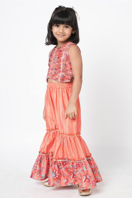 Buy Lil Drama Orange Polyester Embroidery, Lace, Gota Floral Print Crop Top And Sharara Set Online at Aza Fashions Buy_Lil Drama_Orange Polyester Embroidery, Lace, Gota Floral Print Crop Top And Sharara Set _Online_at_Aza_Fashions