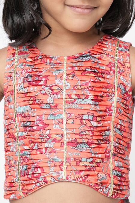 Shop Lil Drama Orange Polyester Embroidery, Lace, Gota Floral Print Crop Top And Sharara Set Online at Aza Fashions Shop_Lil Drama_Orange Polyester Embroidery, Lace, Gota Floral Print Crop Top And Sharara Set _Online_at_Aza_Fashions