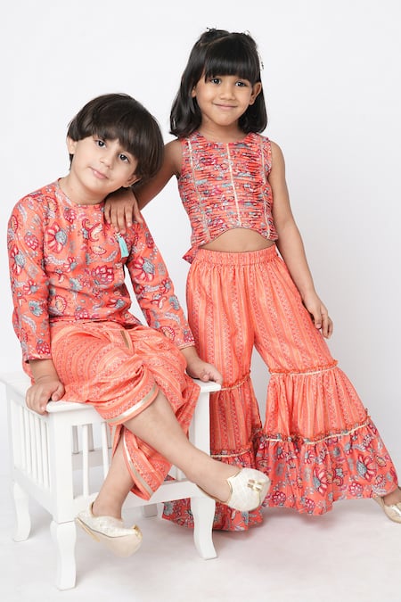 Buy Lil Drama Orange Polyester Embroidery, Lace, Gota Floral Print Crop Top And Sharara Set Buy_Lil Drama_Orange Polyester Embroidery, Lace, Gota Floral Print Crop Top And Sharara Set