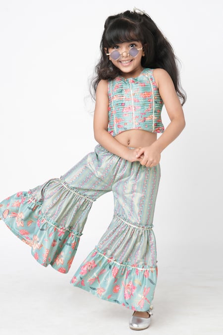 Lil Drama_Blue Polyester Gota Patti, Embroidery Floral Pattern Crop Top And Sharara Set _Online_at_Aza_Fashions