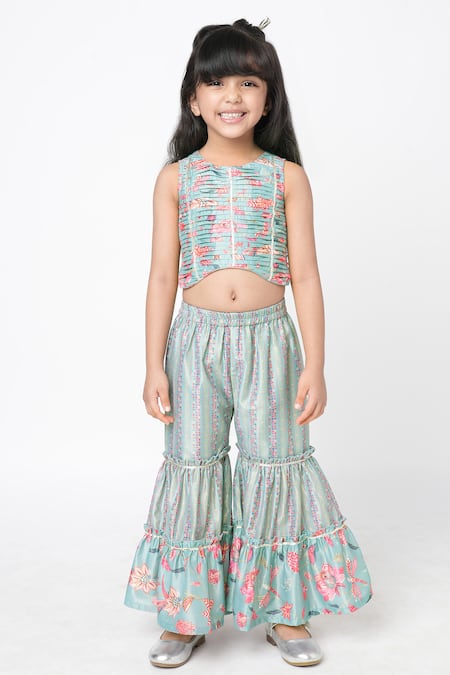 Buy_Lil Drama_Blue Polyester Gota Patti, Embroidery Floral Pattern Crop Top And Sharara Set _Online_at_Aza_Fashions