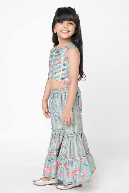Shop_Lil Drama_Blue Polyester Gota Patti, Embroidery Floral Pattern Crop Top And Sharara Set _Online_at_Aza_Fashions
