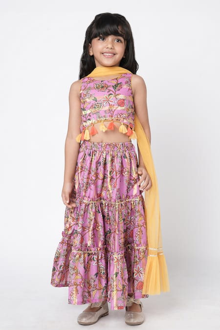 Lil Drama_Purple Polyester Tassels Printed Blouse Lehenga Set _Online_at_Aza_Fashions
