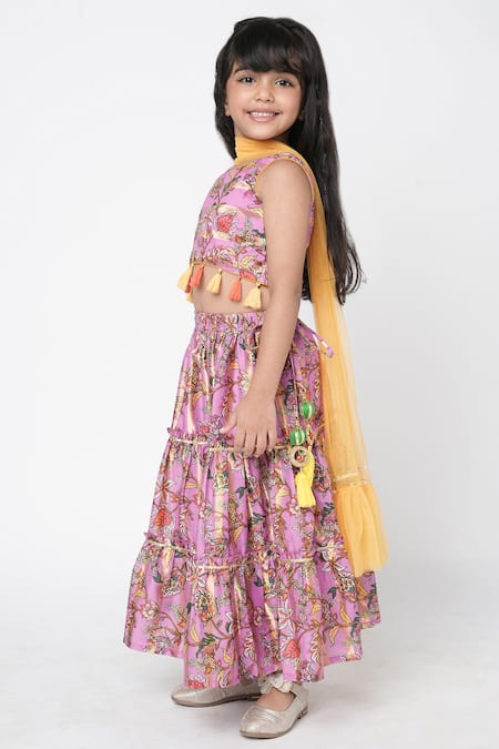 Buy_Lil Drama_Purple Polyester Tassels Printed Blouse Lehenga Set _Online_at_Aza_Fashions
