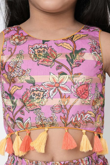 Lil Drama_Purple Polyester Tassels Printed Blouse Lehenga Set _at_Aza_Fashions