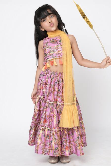 Shop_Lil Drama_Purple Polyester Tassels Printed Blouse Lehenga Set 