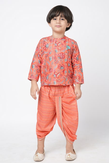 Lil Drama_Orange Polyester Floral Print Kurta And Dhoti Pant Set _Online_at_Aza_Fashions