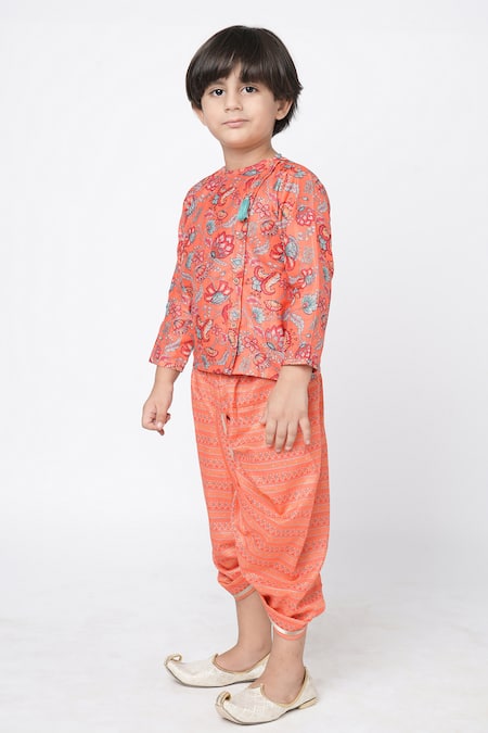 Buy_Lil Drama_Orange Polyester Floral Print Kurta And Dhoti Pant Set _Online_at_Aza_Fashions