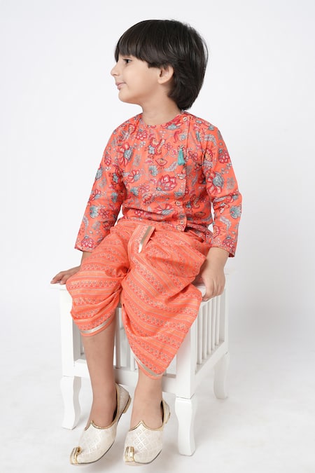 Buy_Lil Drama_Orange Polyester Floral Print Kurta And Dhoti Pant Set 