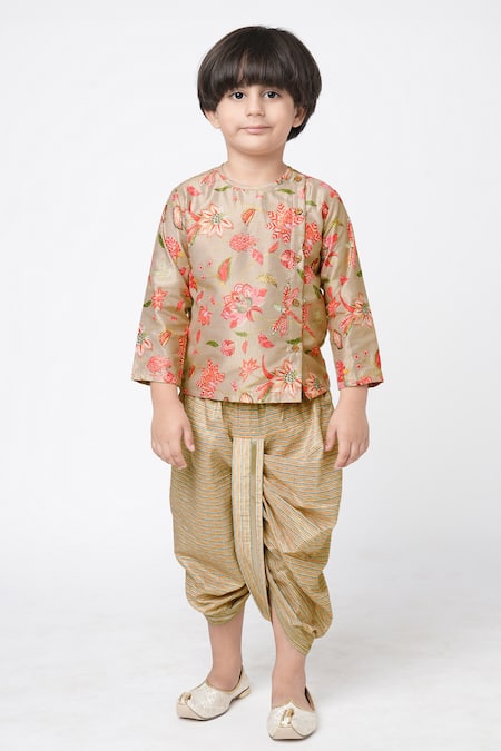 Lil Drama Beige Polyester Embroidery Floral Print Kurta And Striped Dhoti Pant Set Online at Aza Fashions Lil Drama_Beige Polyester Embroidery Floral Print Kurta And Striped Dhoti Pant Set _Online_at_Aza_Fashions