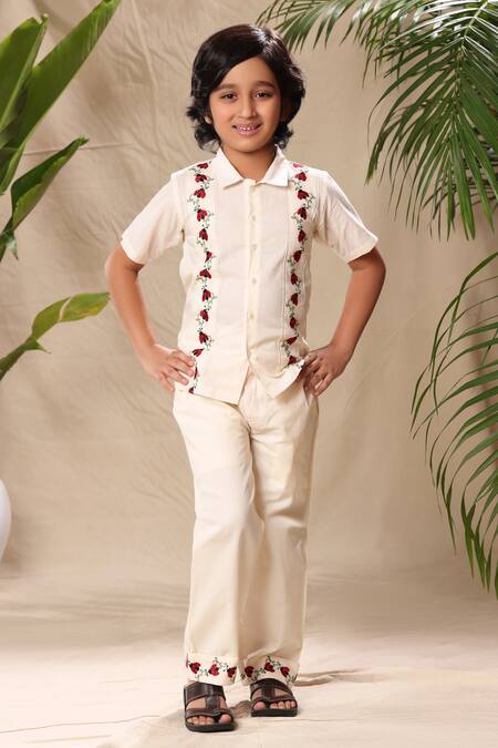 Littlecheer Off White Cotton Embroidery Lady Bug Shirt And Pant Set Online at Aza Fashions Littlecheer_Off White Cotton Embroidery Lady Bug Shirt And Pant Set _Online_at_Aza_Fashions