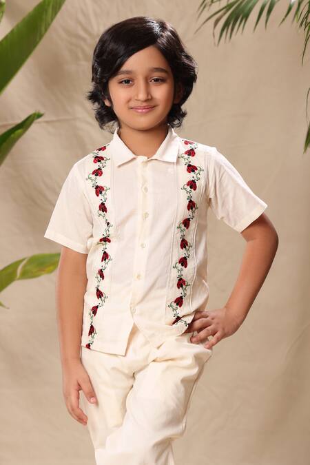 Buy Littlecheer Off White Cotton Embroidery Lady Bug Shirt And Pant Set Online at Aza Fashions Buy_Littlecheer_Off White Cotton Embroidery Lady Bug Shirt And Pant Set _Online_at_Aza_Fashions