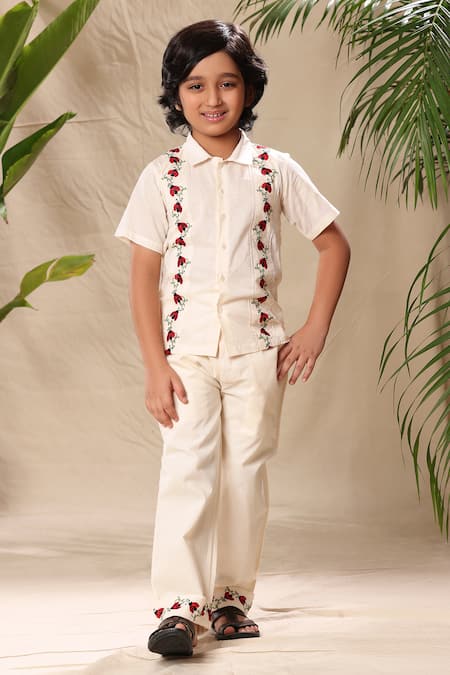 Shop Littlecheer Off White Cotton Embroidery Lady Bug Shirt And Pant Set at Aza Fashions Shop_Littlecheer_Off White Cotton Embroidery Lady Bug Shirt And Pant Set _at_Aza_Fashions