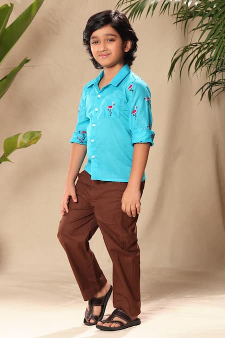 Shop Littlecheer Blue Cotton Embroidery Flamingo Thread Shirt at Aza Fashions Shop_Littlecheer_Blue Cotton Embroidery Flamingo Thread Shirt _at_Aza_Fashions